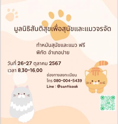 มาทำหมันกันเถอะ มูลนิธิสันติสุขเพื่อสุนัขและแมวจรจัด มีโครงการทำหมัน(อำเภอปาย 26-27 ตุลาคมนี้ ติดต่อลงทะเบียนได้ตามข้อมูลด้านล่างค่ะ จำนวนจำกัด