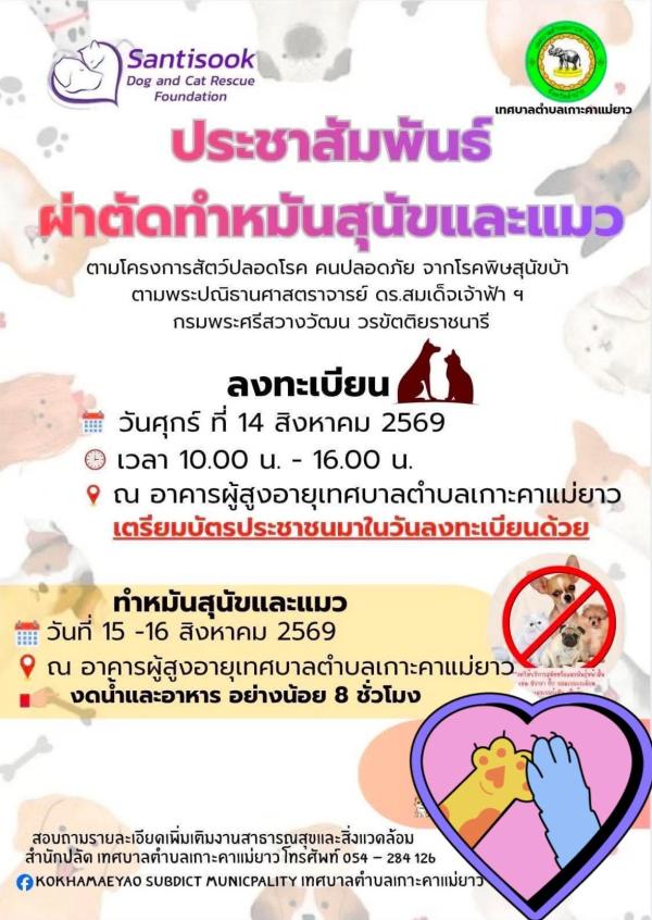 ประชาสัมพันธ์ โครงการทำหมันสัญจร ครั้งที่ 22 เทศบาลตำบลเกาะคาแม่ยาว จังหวัดลำปาง